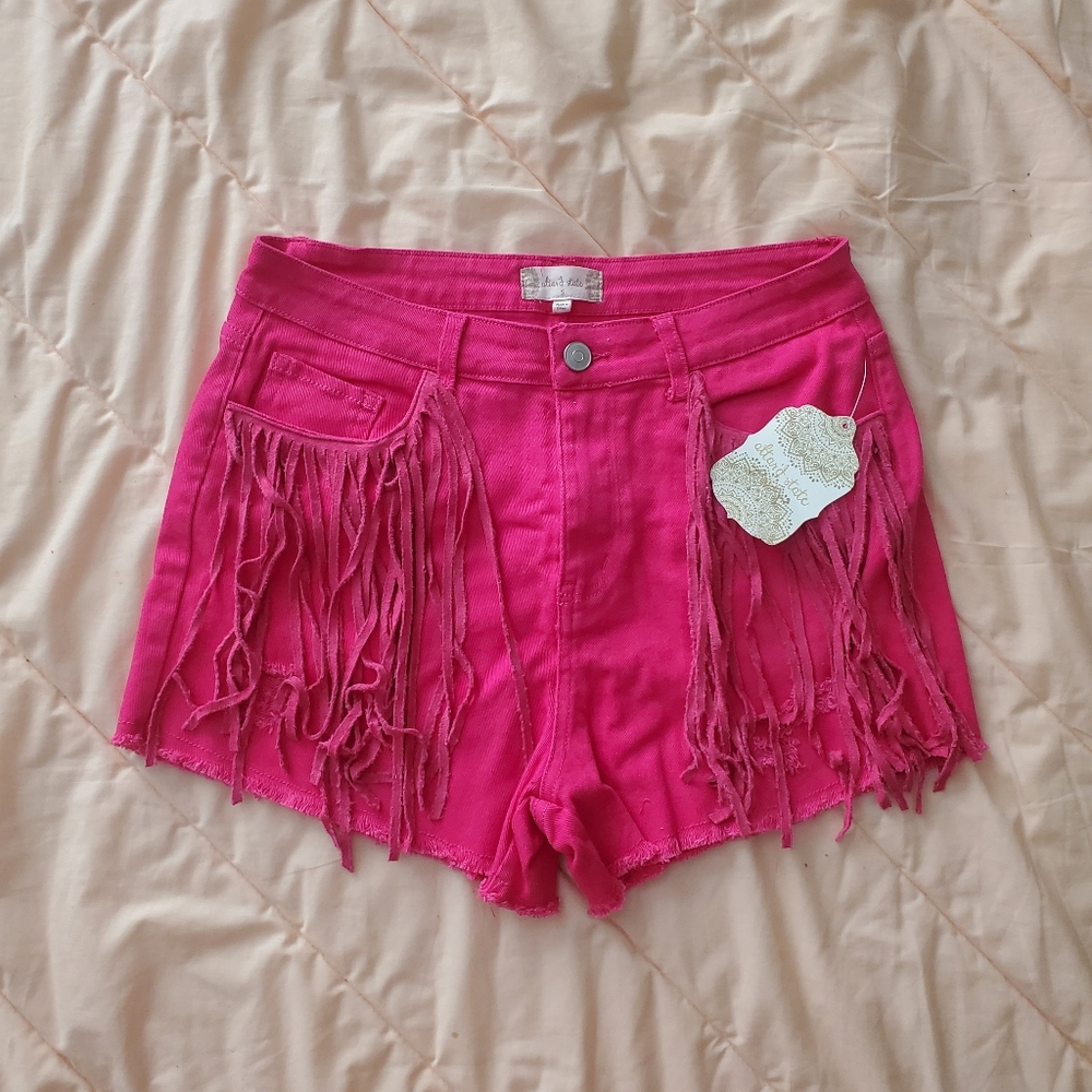 NWT Altar'd State Hot Pink Fringe Denim High Waisted Shorts Barbie Movie
